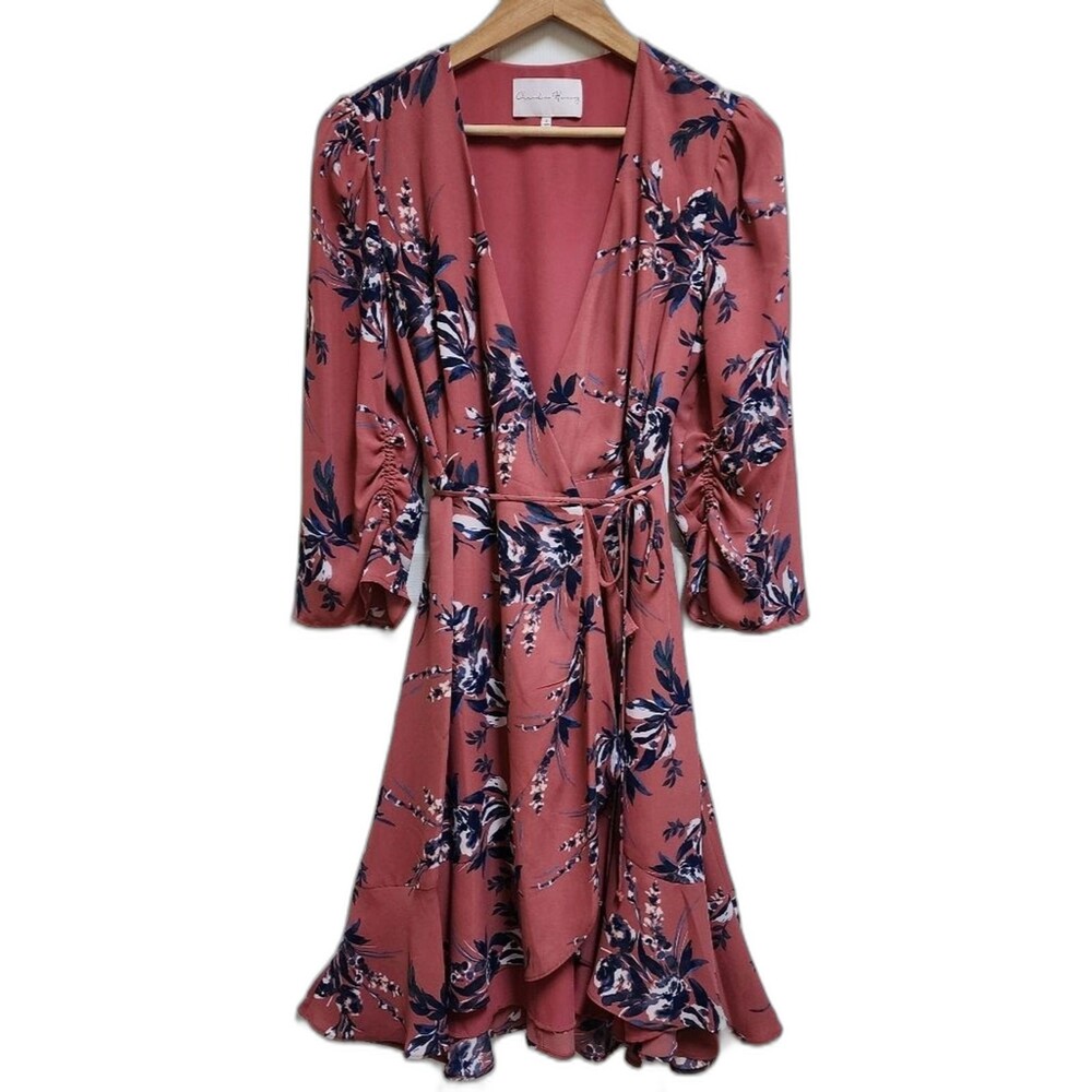 Charles Henry Pink Navy Floral V Neck 3/4 Ruched Slv Wrap Dress Sz S Cottagecore